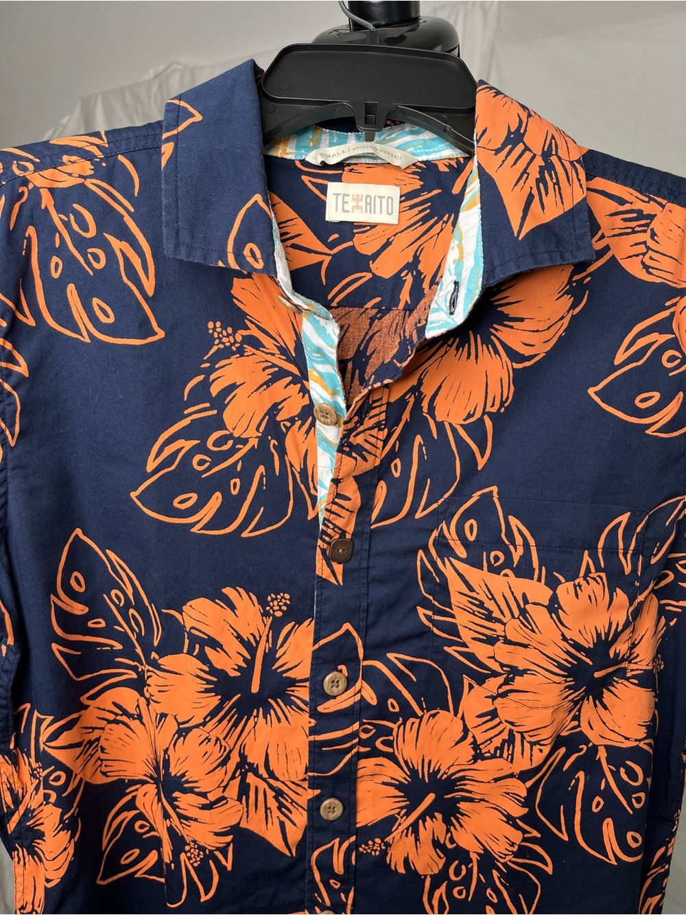 Navy Blue Short-Sleeve Floral Dress Shirt with Orange Print